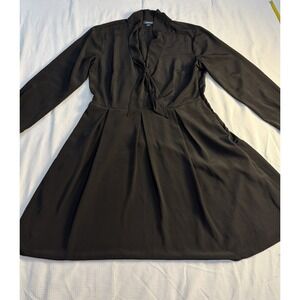 ModCloth Black Tie Neck Fit and Flare Dress Long Sleeve Pleated Sz 14 Whimsigoth